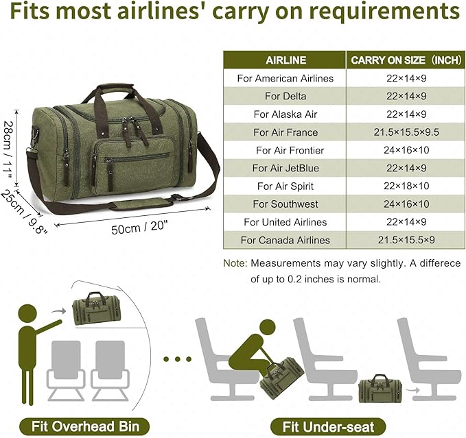 Expandable Canvas Duffel 50cm-58cm, Sturdy Zipper and Reinforced Handles, Lightweight Carry-On Weekender Bag for 3-5 Day Trips, Green