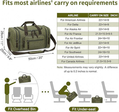 Expandable Canvas Duffel 50cm-58cm, Sturdy Zipper and Reinforced Handles, Lightweight Carry-On Weekender Bag for 3-5 Day Trips, Green