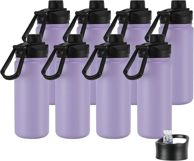 16 oz Insulated Water Bottle with Straw Lids, Stainless Steel Kids Water Bottles for School, Double Wall Vacuum Metal Water Bottle with Straw & Wide Mouth Lid, Lavender 8 Pack