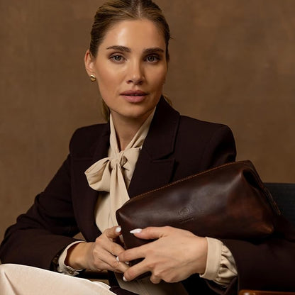 Time Resistance Leather Toiletry Bag Cosmetic Case Italian Classy Dopp Kit