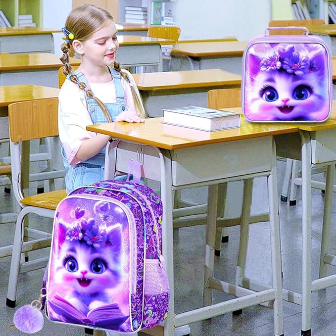 WZLVO 3PCS Kids Cat Bookbag Set, 16" Glittery UV Printing Girls Backpack/School Bag with Lunch Box & Pencil Bag for Preschool to Elementary - Reading Cat Purple