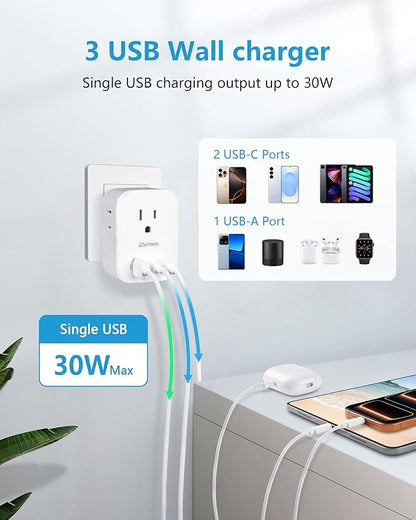 2 Pack European Travel Plug Adapter, Type E/F Plug Adapter with 30W GaN Fast Charger, 3 AC Outlets, 2 USB-C & 1 USB-A Ports, Power Adapter for France, Germany, Spain, South Korea & More