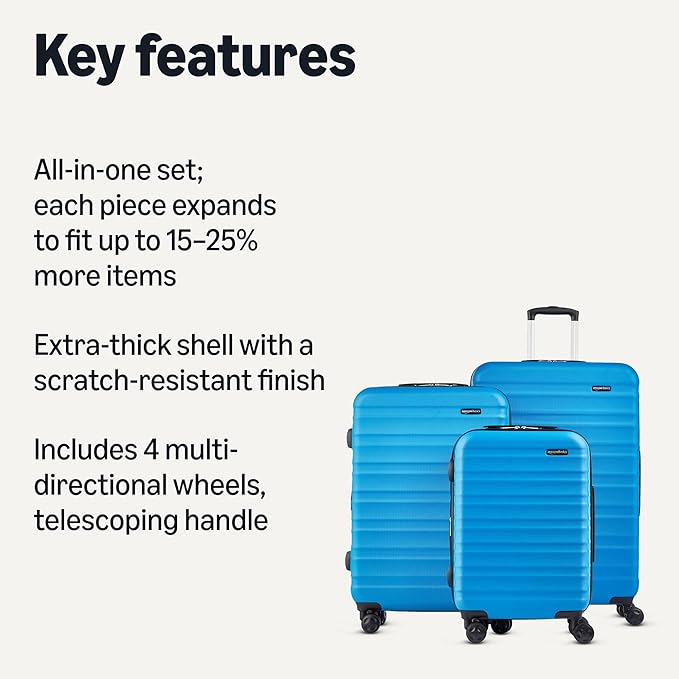 Amazon Basics 3-Piece Set (21", 26", 30"), Hardshell Suitcases With Wheels, Expandable For Up to 25% More Space, With Scratch-Resistant Surface, Four Multi-directional Wheels, Light Blue