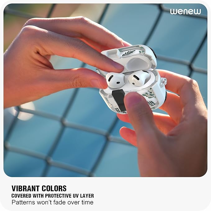 WENEW Case for AirPods 4th Case Cover Secure Lock Automatic Snap Switch Clip Cleaner Kit Lanyard Women Stylish Flower Armour Hard Shell Full Body Front LED Visible (Green Leaves, AirPods 4th)