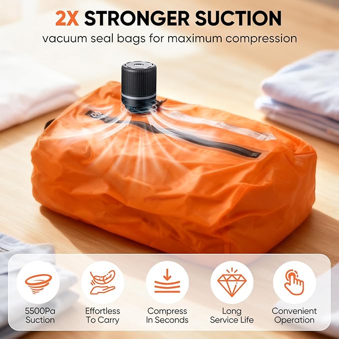 Vacuum Bags for Travel with Pump, Vacuum Packing Cubes for Travelers, Vacuum Seal Bags for Clothing, Reusable IP68 Waterproof Airless Travel Bags for Luggage, Backpack & Suitcase (Orange 2PC + Pump)