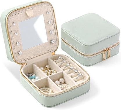 Genuine Leather Travel Jewelry Organizer Case with Mirror for Women, Small Mini Portable Jewelry Box for Ring Earrings Necklace Bracelet Luxury Gift for Women（Mint Green）