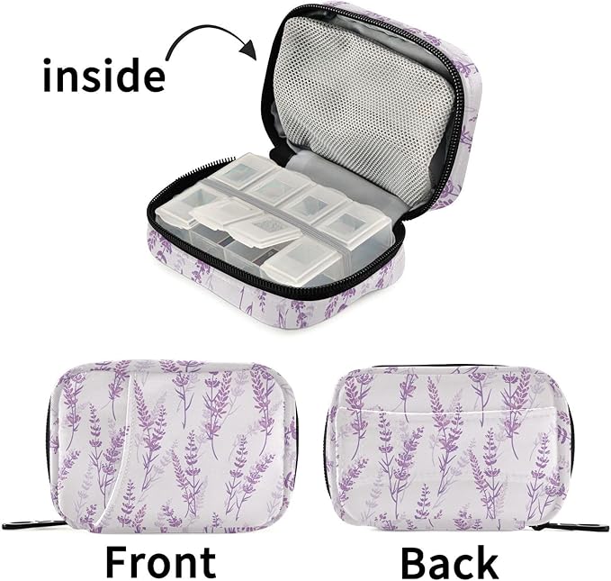 Fustylead Travel Pill Organizer Case Zipper for Purse with Removable Weekly Pill Box for Medicine, Vitamin, Supplement Medicine Organizer (Lavender)