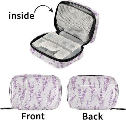 Fustylead Travel Pill Organizer Case Zipper for Purse with Removable Weekly Pill Box for Medicine, Vitamin, Supplement Medicine Organizer (Lavender)