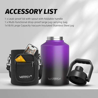 WATERSY 1 Gallon Water Bottle Insulated(Cold for 48 Hrs),BPA Free&Leak Proof,128oz Stainless Steel Water Jug,Big thermo,Large Water Bottle with Handle for Gym,Hiking,Camping&Travel,Purple
