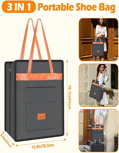 Yotako Shoe Bag for Travel with Leathers Handle-Portable Shoe Organizer with Pockets,3 in 1 Hanging Luggage Shoe Storage Bag,Travel Shoe Bag for Women Men Fit 6 PCS Shoes,Grey