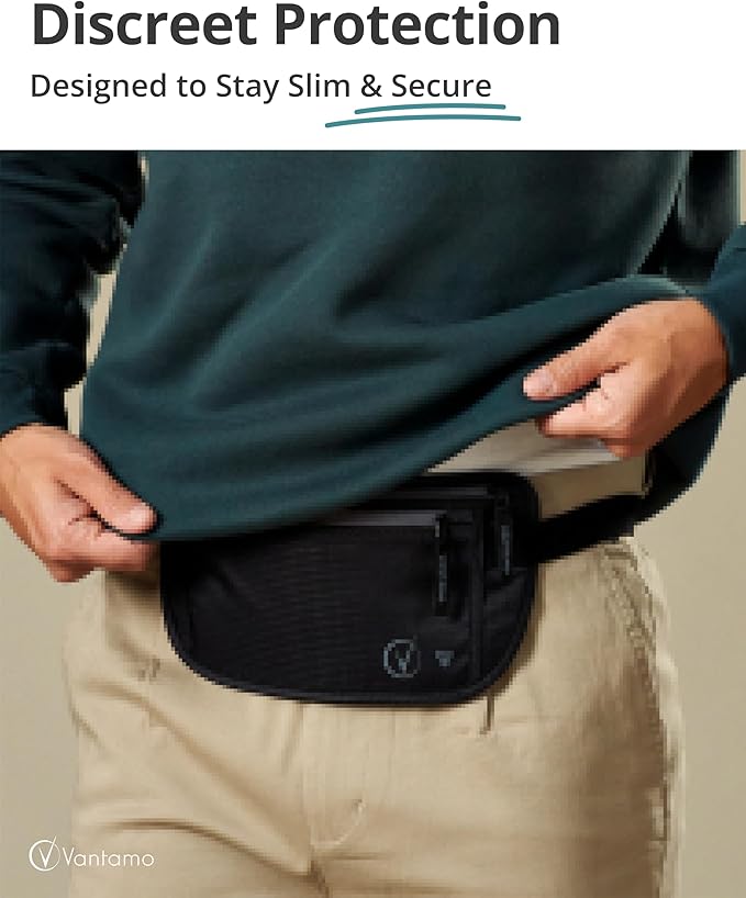 Vantamo Money Belt with RFID For Men & Women, Hidden Passport Holder for Travel, 2 Compartment Travel Fanny Pack for Women Anti Theft