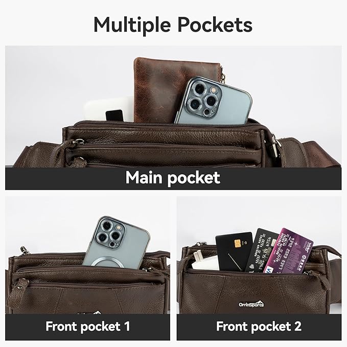 Leather Fanny Pack for Men Women,Genuine Leather Waist Belt Bag with Adjustable Strap Belt Hip Bag with Multi-Pockets for Travel Sports Running Cycling Hiking (brown)