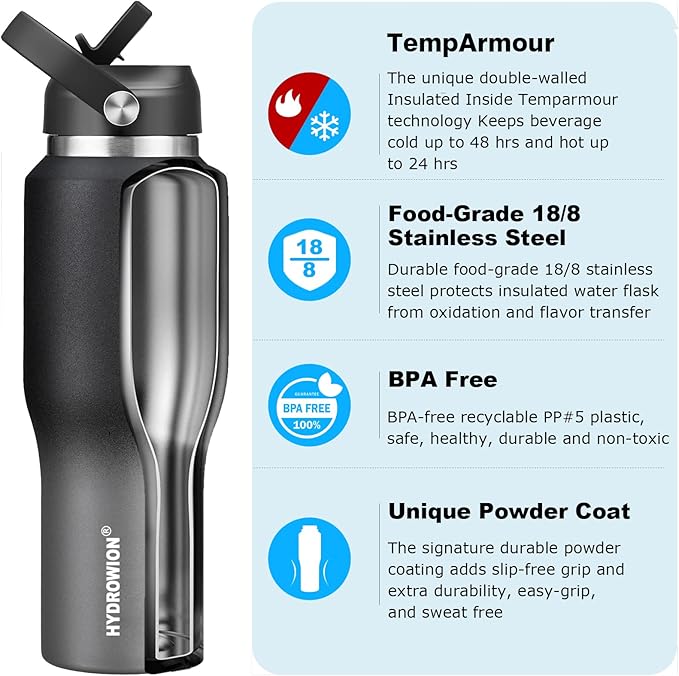 HYDROWION 32oz Water Bottle, Double Wall Vacuum Stainless Steel Insulated Water Flask with Straw Lid, Spout Lid and Flex Cap(Cold for 48 Hrs, Hot for 24 Hrs), Leakproof Travel Thermo Mug, Black&Grey