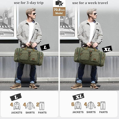 Gonex Canvas Duffle Bag for Travel, Expandable Water Resistant 60L Carry on Duffel Overnight Weekender Gym Bag with Wet Dry Separation Pocket & Suitcase Handle Sleeve, Army Green