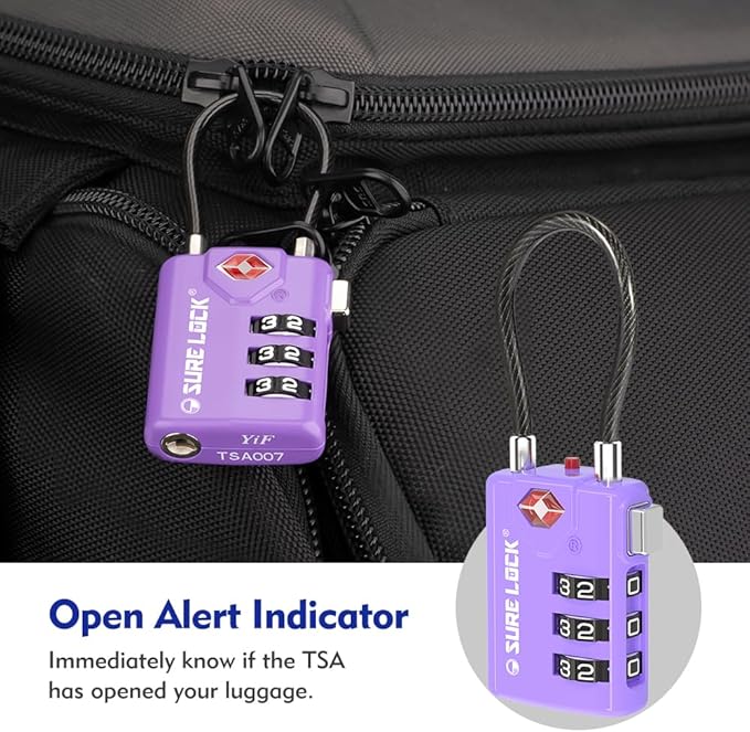 SURE LOCK TSA Approved Combination Luggage Locks with Open Alert Indicator – Durable Zinc Alloy Cable Travel Locks with Large Easy-Read Dials for Suitcases, Backpacks & Gym Bags(2, Purple 2 Pack)