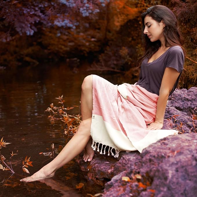 Bazaar Anatolia Turkish Beach Towel 100% Cotton Bath Towels 71x39 Quick Dry Sand Free Lightweight Large Oversized Herringbone Peach Coral