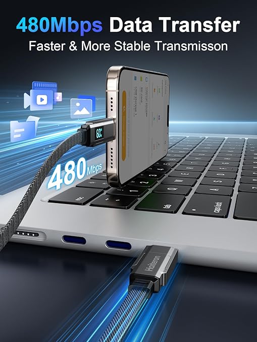 4 in 1 Charging Cable 60W, USB C Fast Charging iPhone Charger Cord Flat Braided Combo USB A/C to C/L Cable with LED Display,Multi Charging Cord for iPhone 16/15,MacBook,iPad,3FT