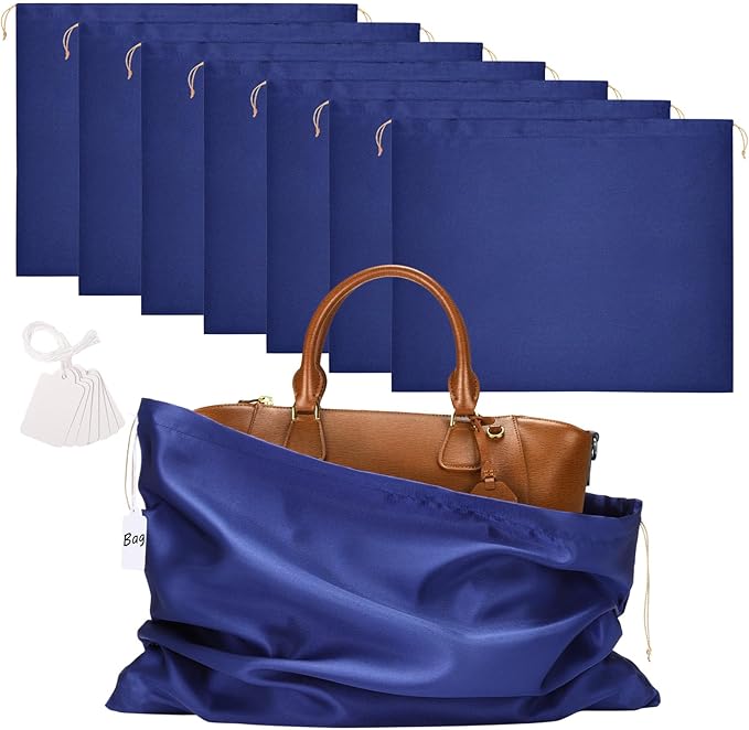 Ewen 7 Pack Satin Drawstring Shoe Bags with Tags, 19.6x15.7in Dust Bags for Handbags Travel Essentials, Dark Blue Packing Bag Dustproof Purse Shoes Organizer for Closet Home Storage and Organization