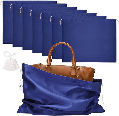 Ewen 7 Pack Satin Drawstring Shoe Bags with Tags, 19.6x15.7in Dust Bags for Handbags Travel Essentials, Dark Blue Packing Bag Dustproof Purse Shoes Organizer for Closet Home Storage and Organization