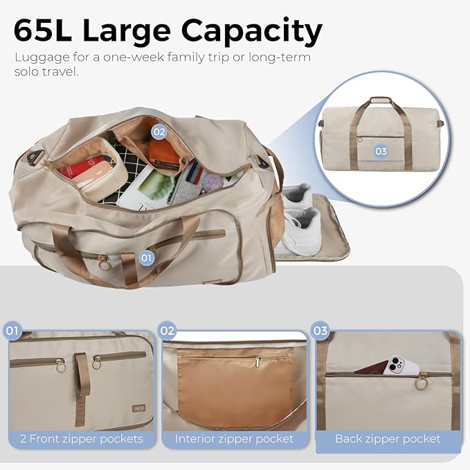 Fmeida 65L Duffle Bag with Shoes Compartment, Foldable Travel Duffel Bags for Men Women, Large Packable Travel Bag Water Repellent & Tear Resistant (Beige)