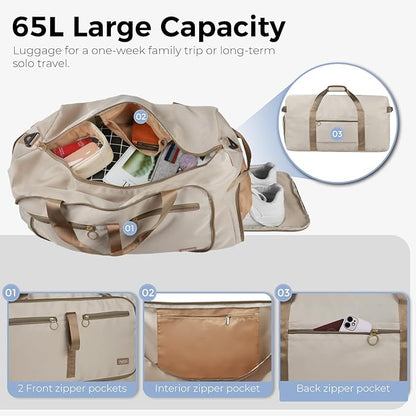 Fmeida 65L Duffle Bag with Shoes Compartment, Foldable Travel Duffel Bags for Men Women, Large Packable Travel Bag Water Repellent & Tear Resistant (Beige)