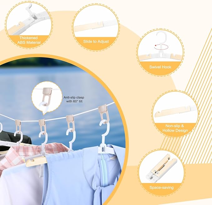 6 Pack Foldable Travel Hangers with Clips & Adjustable Clothesline, Portable Collapsible Hangers with Storage Bag for Suitcase, Hotel, RV, Cruise Essentials Set (Beige)