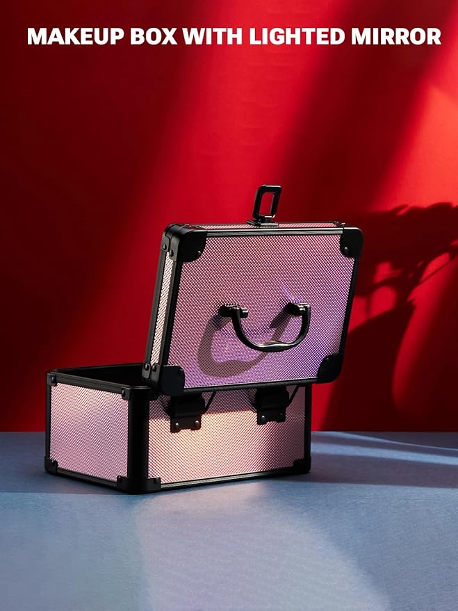 Qislee Makeup Box Mini with A Detachable Lighted Mirror, Waterproof Small Makeup Case,Cosmetic Organizer and Travel Train Case with Magnetic LED Mirror(Black Frame Iridescent Pink)