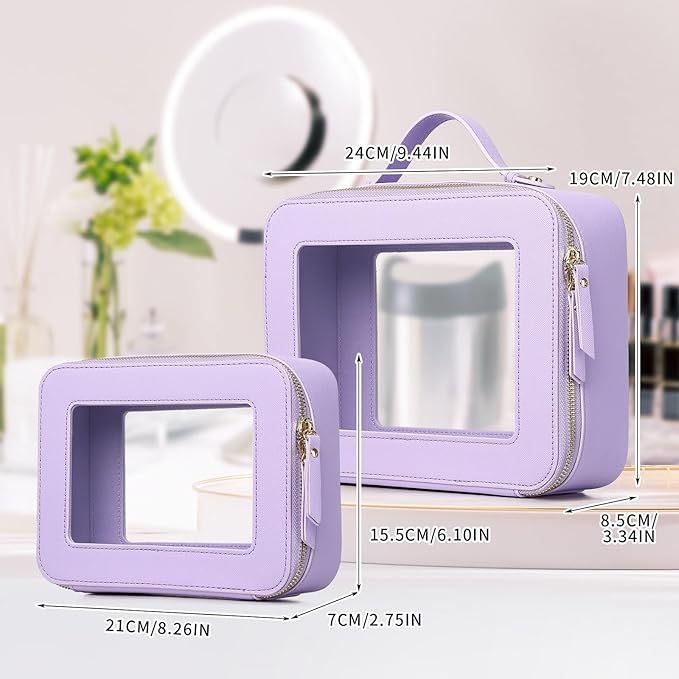 Pinkmik Clear Makeup Bag for Women Waterproof Travel Cosmetics and Toiletries Case Portable Makeup Oaganizer Bag Clear Car Bag with Zipper (X/Purple, M+L)