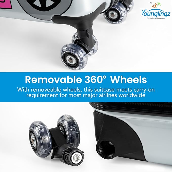 Younglingz LIL FLYER GO Version 2 Ride On Suitcase for Kids | Carry On Luggage with Toddler Seat, Foldable Handlebars, Pedals, and Removable Wheels | Holds up to 80 lbs | Pink Motorcycle | Ages 2-6