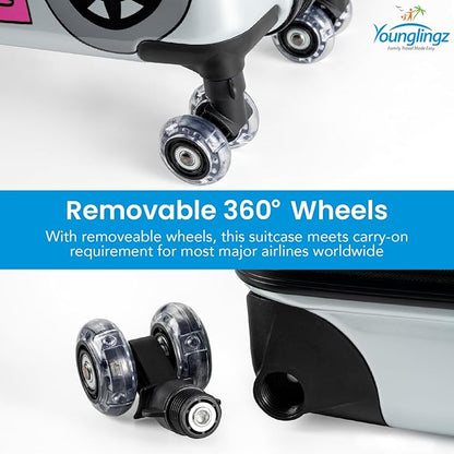 Younglingz LIL FLYER GO Version 2 Ride On Suitcase for Kids | Carry On Luggage with Toddler Seat, Foldable Handlebars, Pedals, and Removable Wheels | Holds up to 80 lbs | Pink Motorcycle | Ages 2-6