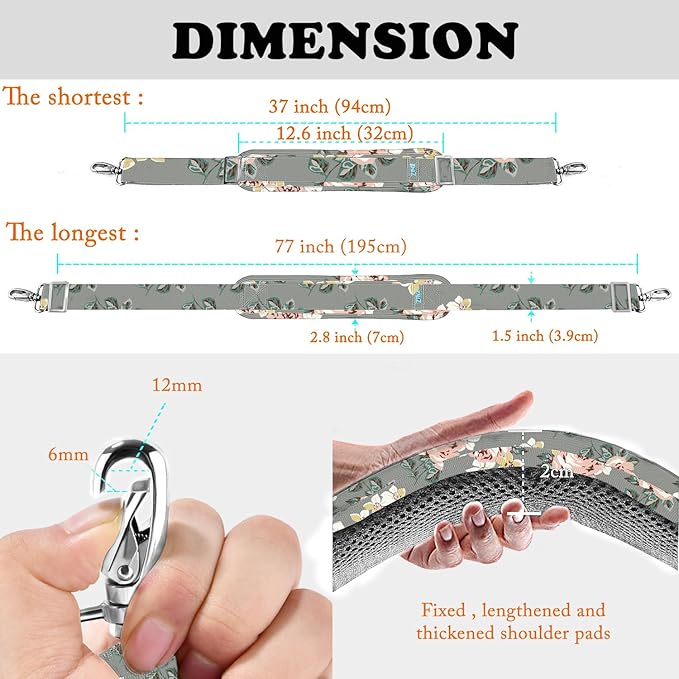 ZINZ 77 Inch Shoulder Strap Univesal Bag Strap with Fixed Pad Ultra Thick Plus Long & Breathable Cushion, Replacement Strap for Bags,Gray Rose