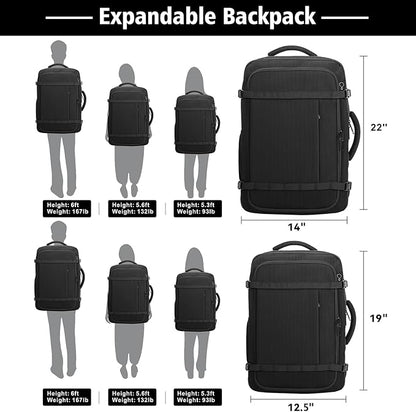 Travel Backpack,Carry On 40-50L Expandable Backpack with Cable Access Port,Fits 17.3 Inch Laptop, Water Resistant Weekender Bag Men Women for Business Trips, College, Hiking,Daily Commuting,Black