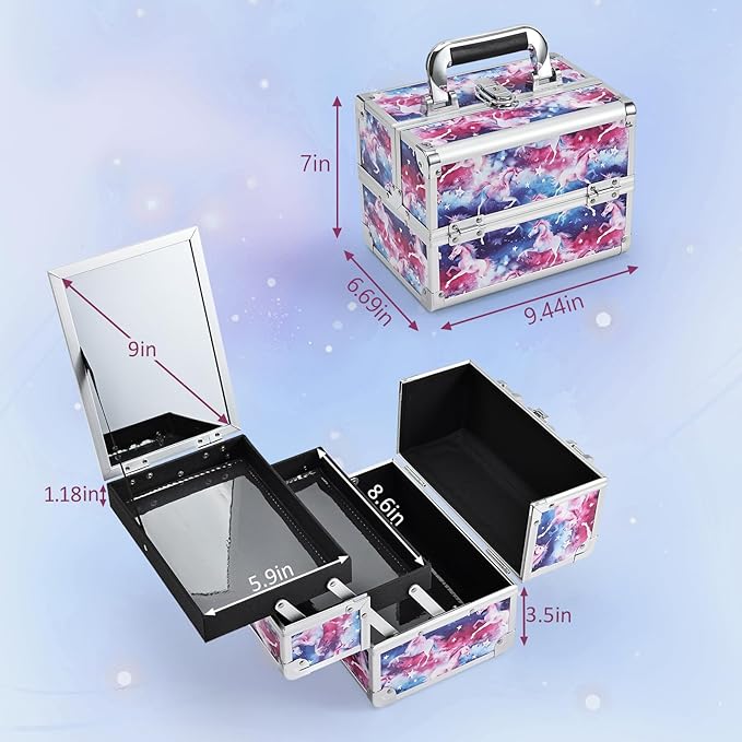 Joligrace Unicorn Makeup Case Oragnizer Portable Travel Makeup Train case 2 Trays Cosmetic Storage with Mirror Locking for Sewing Craft Cosmetologist Artist Supplies Nail Tech Kits Case Pink Blue
