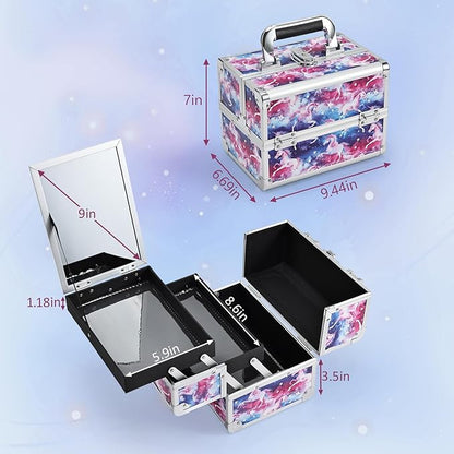 Joligrace Unicorn Makeup Case Oragnizer Portable Travel Makeup Train case 2 Trays Cosmetic Storage with Mirror Locking for Sewing Craft Cosmetologist Artist Supplies Nail Tech Kits Case Pink Blue
