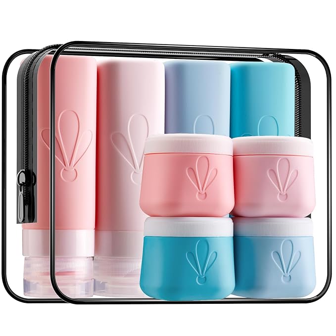 INSFIT 8 Pack Silicone Travel Bottles & Cream Jars with Toiletry Bag, 3oz Leakproof Containers & 2oz Jars with Waterproof Labels, BPA-Free Squeezable Toiletries Set for Shampoo, Lotion, Cosmetics