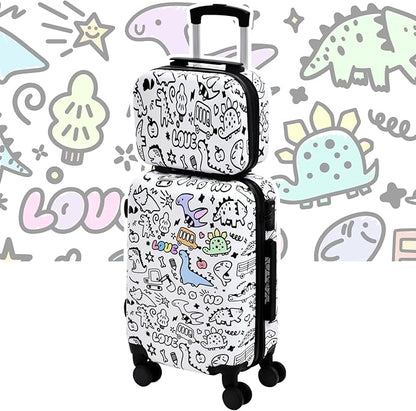 smilesun 2PCS Kids Luggage Set with DIY Coloring, 14" & 20" Lightweight Travel Carry On Suitcase with Spinner Wheels, TSA Lock