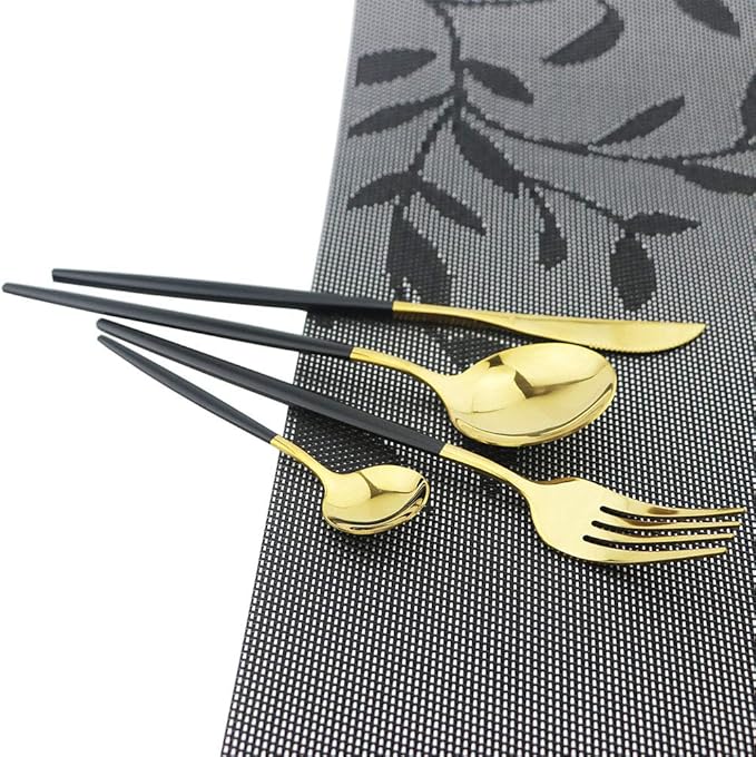 Black Gold Silverware Set, JASHII 30-Piece Stainless Steel Satin Finish Flatware Set, Kitchen Utensil Set, Mirror Polished Tableware Cutlery Set for Home and Restaurant, Dishwasher Safe