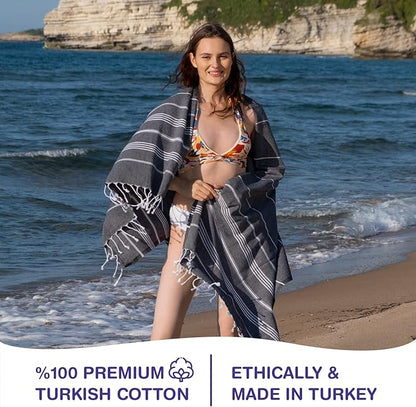 Turkish Beach Towels, Bulk Case of 12 | Oversized, Quick Dry, Sand Free | 100% Cotton, Large 38x71 Towels for Beach, Pool, Travel | Ultra-Soft, Compact, Absorbent | Black