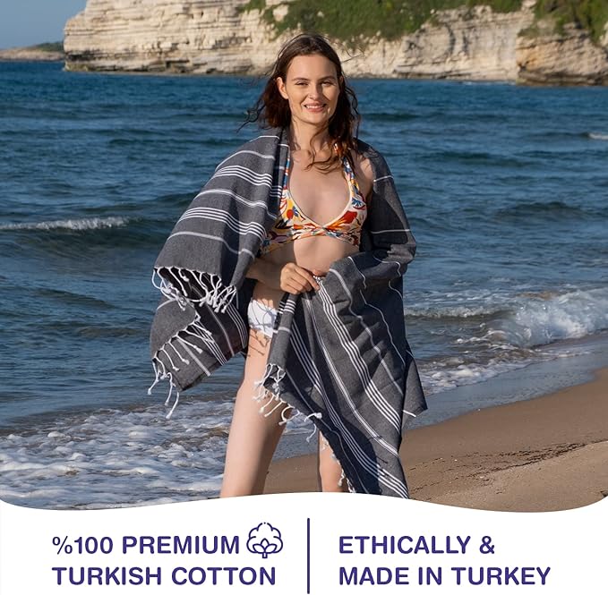Turkish Beach Towels, Pack of 2 | Oversized, Quick Dry, Sand Free | 100% Cotton, Large 38x71 Towels for Beach, Pool, Travel | Ultra-Soft, Compact, and Absorbent | Black