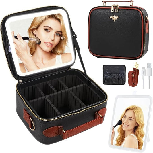 Travel Makeup Bag with Light Up Mirror, Portable Makeup Bag with Led Light Women Waterproof Makeup Travel Case adjustable dividers Rechargeable Vanity Mirror with 3 Color Lights (Black)