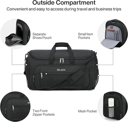 MILADA Convertible 2-in-1 Garment Duffel Weekender Bag Carry On Garment Bags for Travel Hanging Clothes Suit Bag Foldable Personal Item Business Overnight Bag with Shoe Compartment, Black
