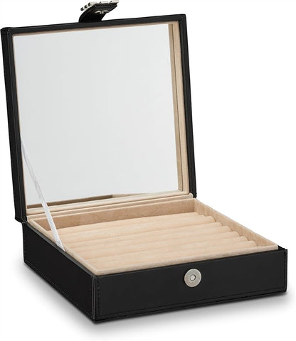 Glenor Co Ring Box Organizer - 54 Slot Classic Jewelry Display Case Holder - Storage Tray with Modern Buckle Closure, Large Mirror - for Rings and Cufflinks - Small for Travel - PU leather - Black