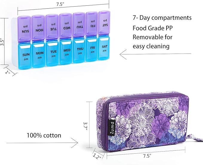 Weekly Pill Organizer 2 Times a Day, Zumd Pill Box 7 Day with Cute Quilted Fabric Zipper Case, Travel Pill Case Am Pm for Vitamin Medicine Organizer