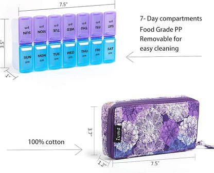 Weekly Pill Organizer 2 Times a Day, Zumd Pill Box 7 Day with Cute Quilted Fabric Zipper Case, Travel Pill Case Am Pm for Vitamin Medicine Organizer