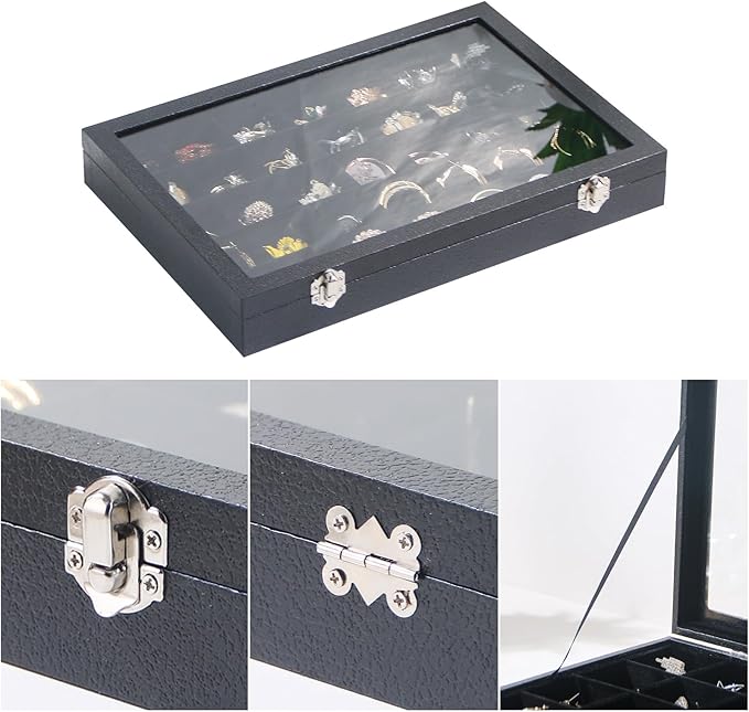 Coward Ring Earring Jewelry Organizer Box, 35 Grids Dustproof Display Holder Case, Black Velvet Jewelry Bead Display Tray Case with Transparent Glass Lid for Momen Girls