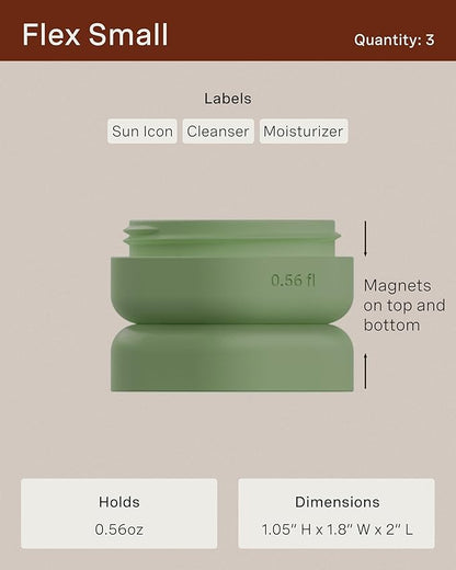 Cadence Travel Containers Basic Skincare Set - Magnetic Containers with Lids,Carry On Travel Essentials For Women/Men - 3 Small Capsules (0.56oz) - Cleanser, Moisturizer & Sun-Icon Labels - Sand