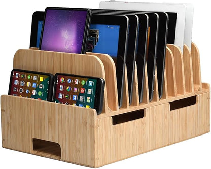 MobileVision Bamboo 12-Port Charging Station & Docking Organizer for Smartphones & Tablets, Family-Sized, for use in Corporate Offices & Classrooms (2 Bamboo Iwatch Adapter Stand add on Included)