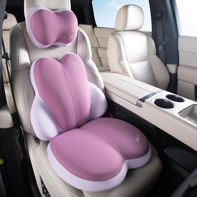 FLORICH 3 PCS Seat Cushion for Carseat Lumbar Support Pillow Car Neck Headrest Pillows Ultrathick Memory Foam Seat Pads Pressure Relief Back Cushion for Office Chair(Purple)