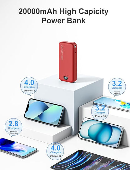 20000mAh Ultra-Portable-Charger-Power-Bank PD20W with Built in Cables&AC Wall Plug,Fast Charging Cell Phone Charger Battery Pack,LED Display Travel Battery Bank for All iPhone,Samsung,Android
