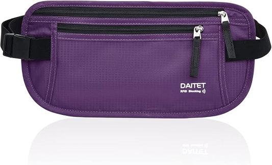 RFID Blocking Money Belt for Men Women, Slim Fanny Pack For Travel，Running,Conceal Waist Wallet For Passport Holder,Phone,Cash(Dark Purple), Dark Purple, Rfid Blocking & Belt Wide:1inch